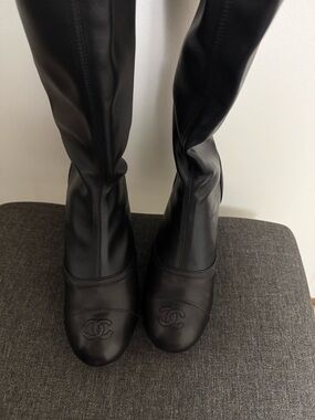 Women's Black Over-The-Knee Leather Boots with Signature Logo